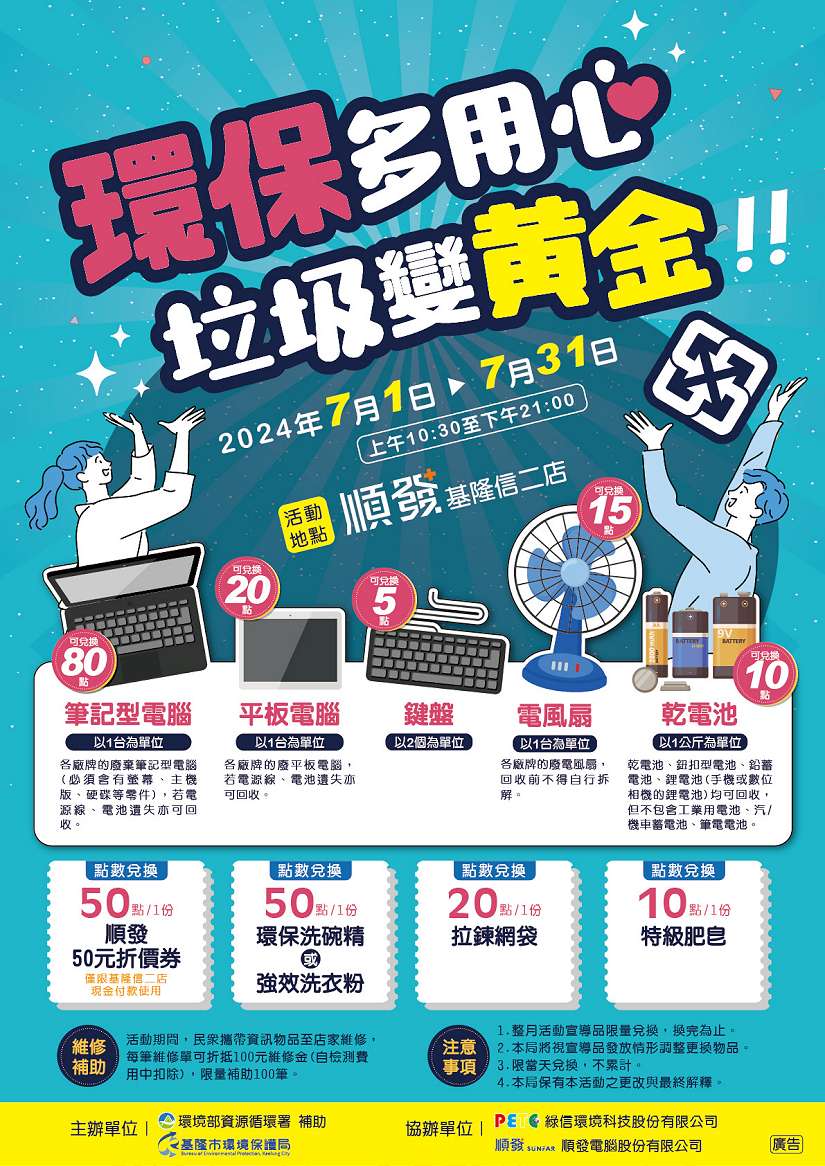 筆電、平板回收真環保 基隆回收兌換送好禮7/1登場!