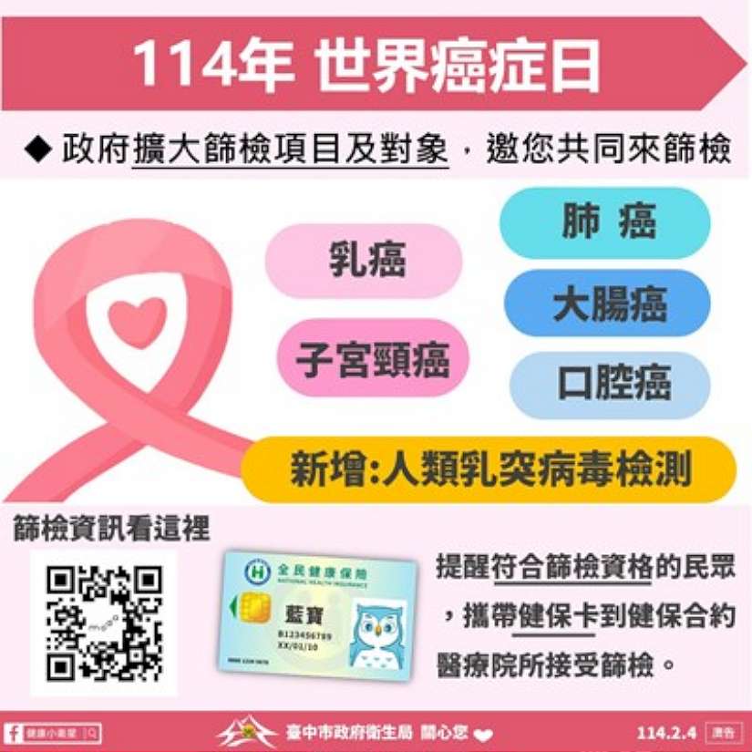 響應世界癌症日! 中市衛生局呼籲定期篩檢守護健康
