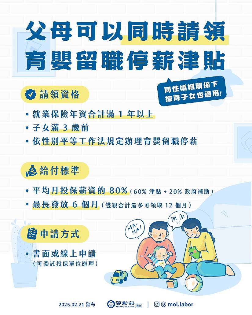 共同陪伴生命的每一刻，父母可同時申請育嬰留職停薪津貼
