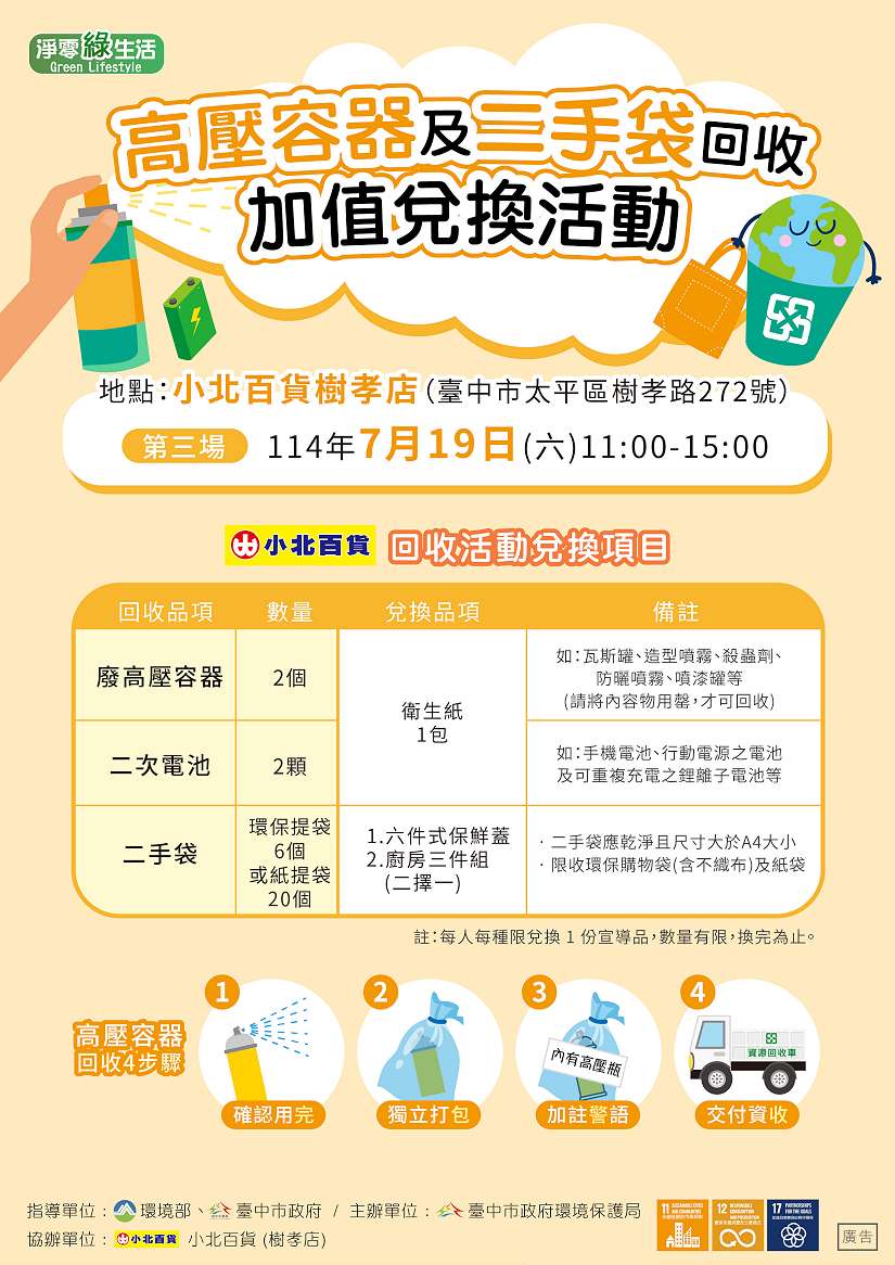 換限量好禮！中市環保局攜手小北百貨辦高壓容器回收宣導活動7/19、10/18登場