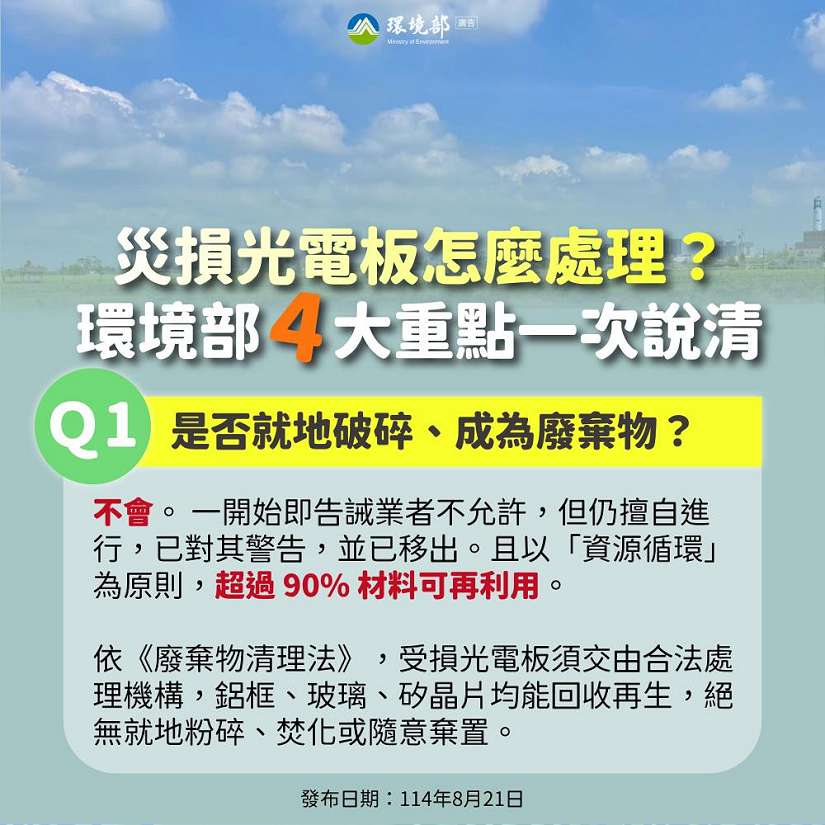 受損光電板清運進度 環境部:事實勝於臆測