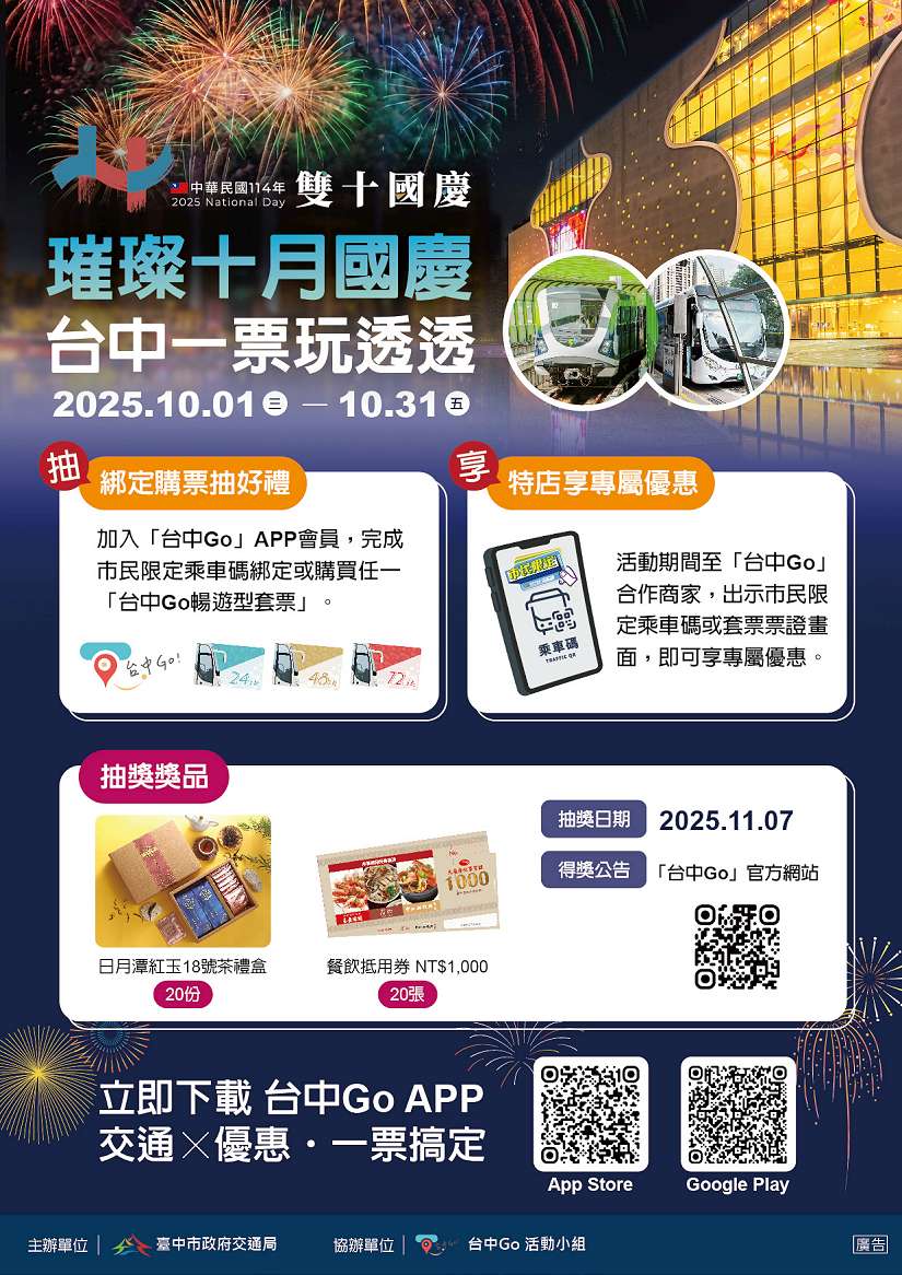 璀璨十月國慶 台中Go限時優惠套票10/1開賣