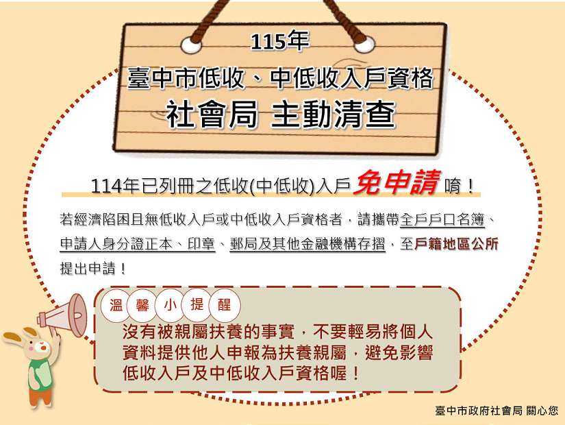 免申請更放心　中市府10月起主動審查低收、中低收入戶資格