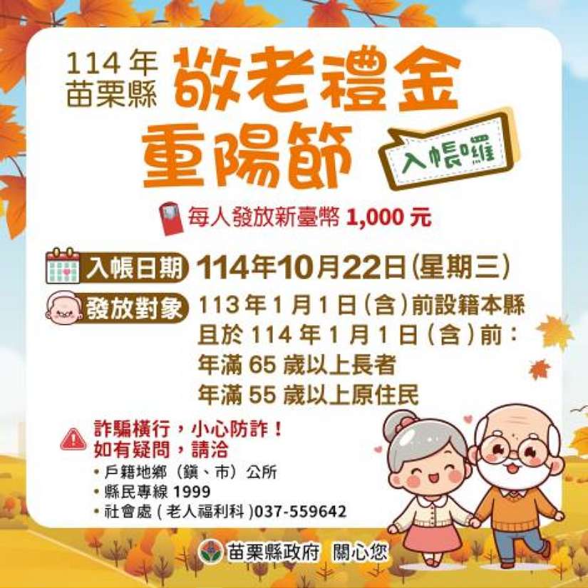 金秋敬老意滿滿 苗縣重陽敬老禮金10/22入帳