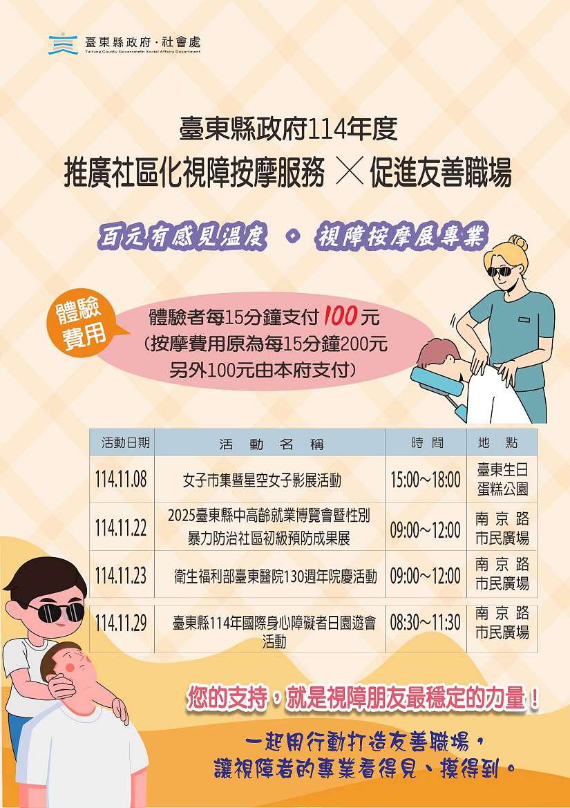 視障按摩展專業 臺東縣府百元體驗活動最終場 11/29南京路市民廣場見