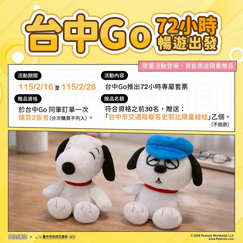 萌度爆表！「台中Go × 史努比」聯名套票首發 史努比陪您春節暢遊台中